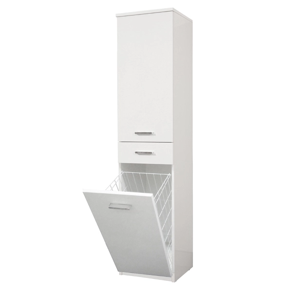Colonne polyvalente CLASSIC avec panier à linge, porte et tiroir en Blanc Brillant