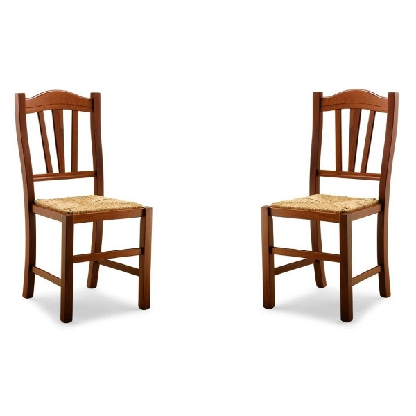 Chaise de cuisine en bois massif noyer avec assise paille SILVANA lot de 2