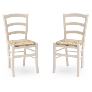 Venezia Stühle aus Massivholz mit Strohsitz 2er-Set weiß