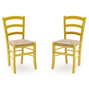 Venezia Stühle aus Massivholz mit Strohsitz 2er-Set gelb