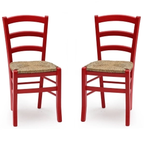 Venezia Stühle aus Massivholz mit Strohsitz 2er-Set rot
