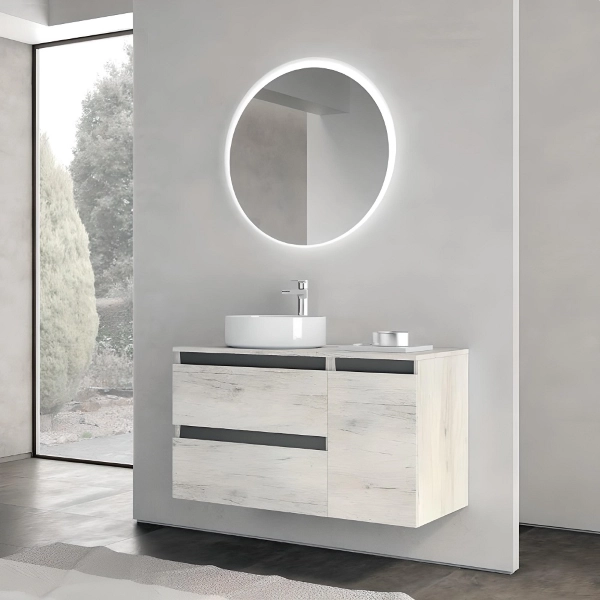 Hängender Badezimmerschrank Quercia Bianco 90 cm mit LED-Spiegel und Waschbecken – CUBE2