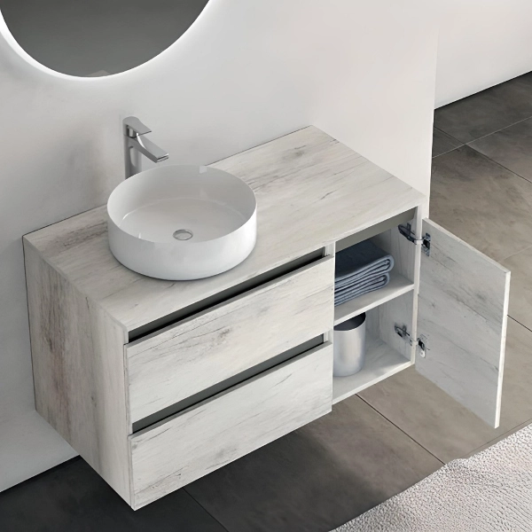 Hängender Badezimmerschrank Quercia Bianco 90 cm mit LED-Spiegel und Waschbecken – CUBE2