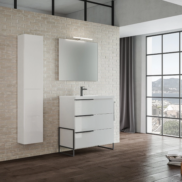Meuble de salle de bain suspendu 82 cm Blanc Brillant avec vasque et miroir LED - FEBE1