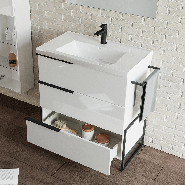 Meuble de salle de bain suspendu 82 cm Blanc Brillant avec vasque et miroir LED - FEBE1