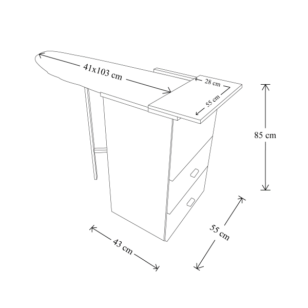 Mueble tabla de planchar retráctil de madera Blanco 55x85h cm con 1 puerta y 2 cajones