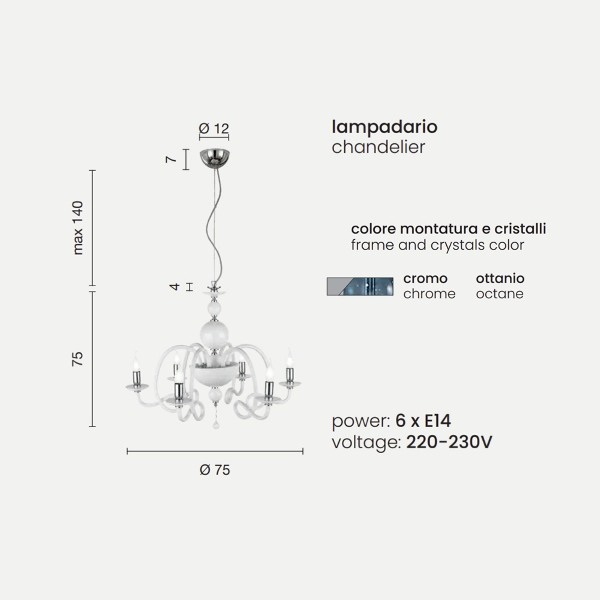 Lámpara de suspensión VIVALDI con 6 luces en cristal teal trabajado a mano D75 cm