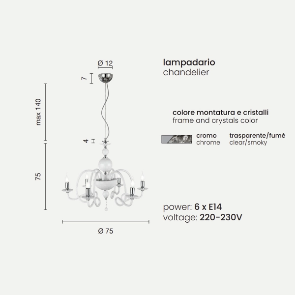 Lámpara de suspensión VIVALDI con 6 luces en vidrio ahumado hecho a mano D75 cm