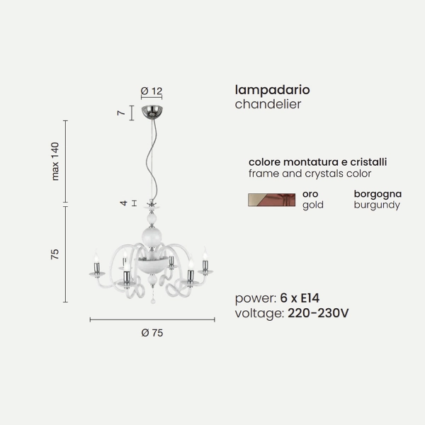 Lámpara de suspensión VIVALDI con 6 luces en vidrio burdeos hecho a mano D75 cm