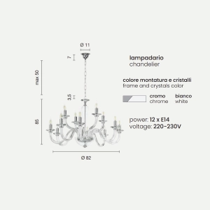 Lámpara de suspension RAVEL 12 luces de vidrio BLANCO hecho a mano D82 cm