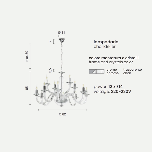 Lámpara de suspensión RAVEL de 12 luces en vidrio cromado hecho a mano D82 cm