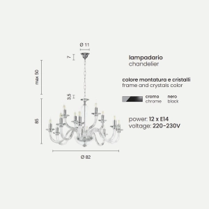 Lámpara de suspensión RAVEL 12 luces en cristal NEGRO hecho a mano D82 cm