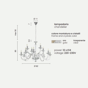 Lámpara de suspensión RAVEL 12 luces en vidrio hecho a mano ORO D82 cm