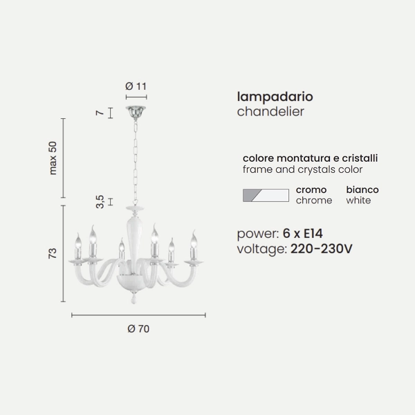 Lámpara de suspensión RAVEL 6 luces en cristal BLANCO hecho a mano D70 cm