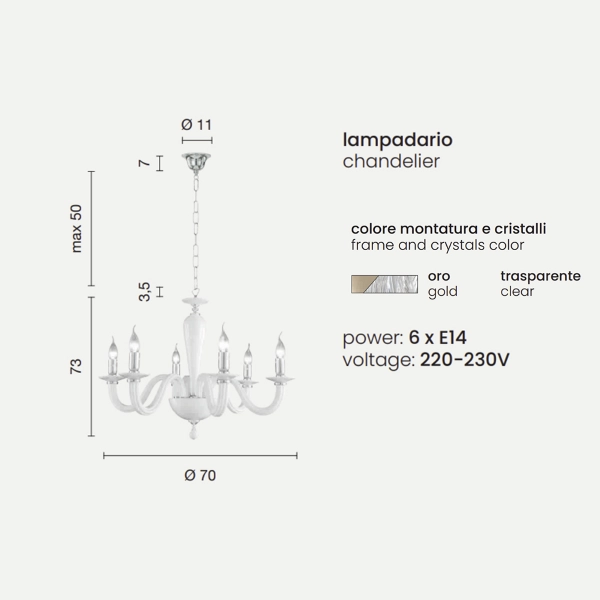 Lámpara de suspensión RAVEL 6 luces en vidrio ORO hecho a mano D70 cm
