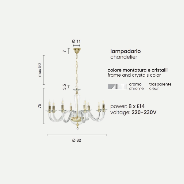 Lámpara de suspensión de 8 luces RAVEL en vidrio cromado hecho a mano D82 cm
