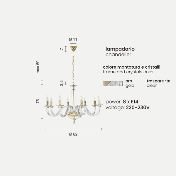 Lámpara de suspensión RAVEL 8 luces en vidrio hecho a mano ORO D82 cm