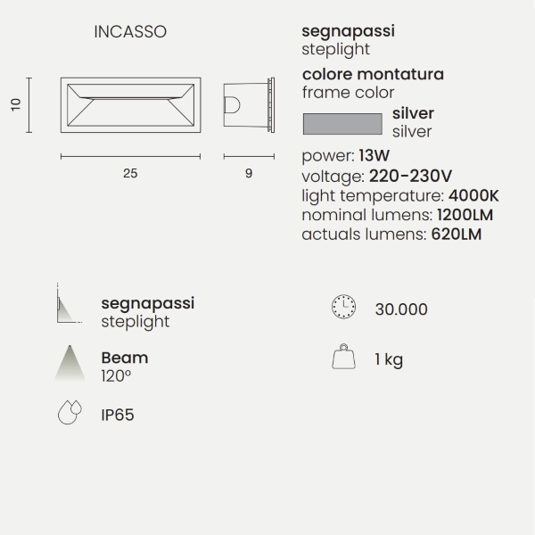 Aplique empotrable SHADE para uso exterior en aluminio PLATA 25x9 cm